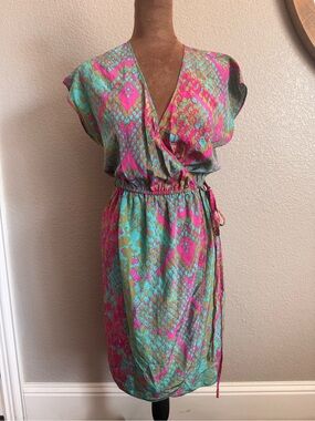 Presley Skye 100% Silk Snakeskin Print Wrap Dress XS Pink Turquoise Olive
